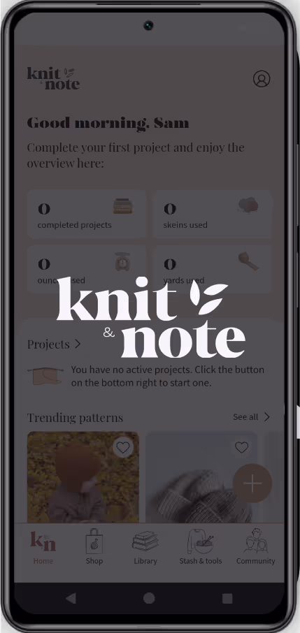 A phone screen showing the knit & note website.